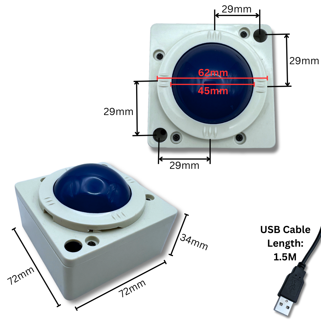 USB arcade trackball dimensions showing 72mm base and 62mm ball