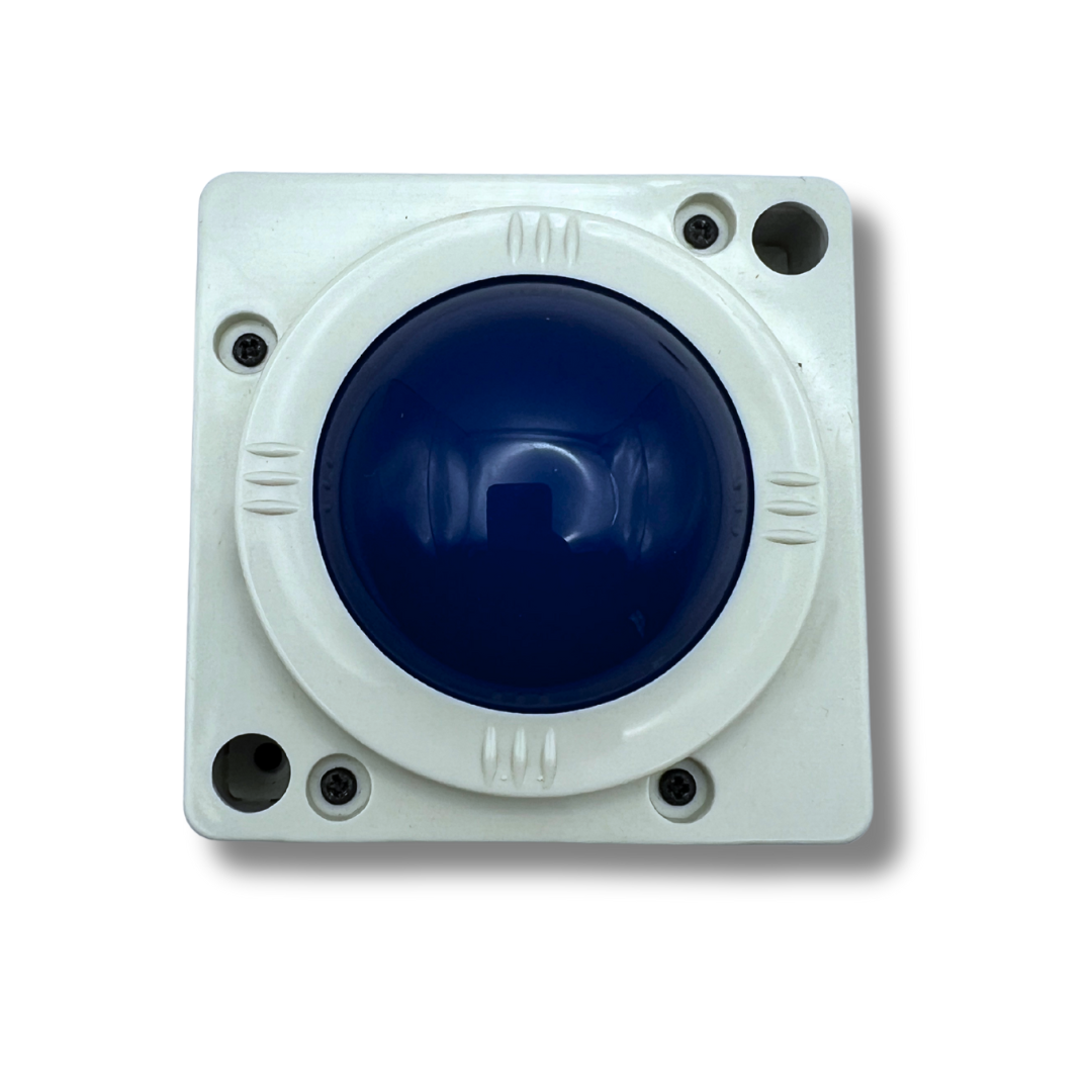 Top view of USB arcade trackball with blue luminous ball