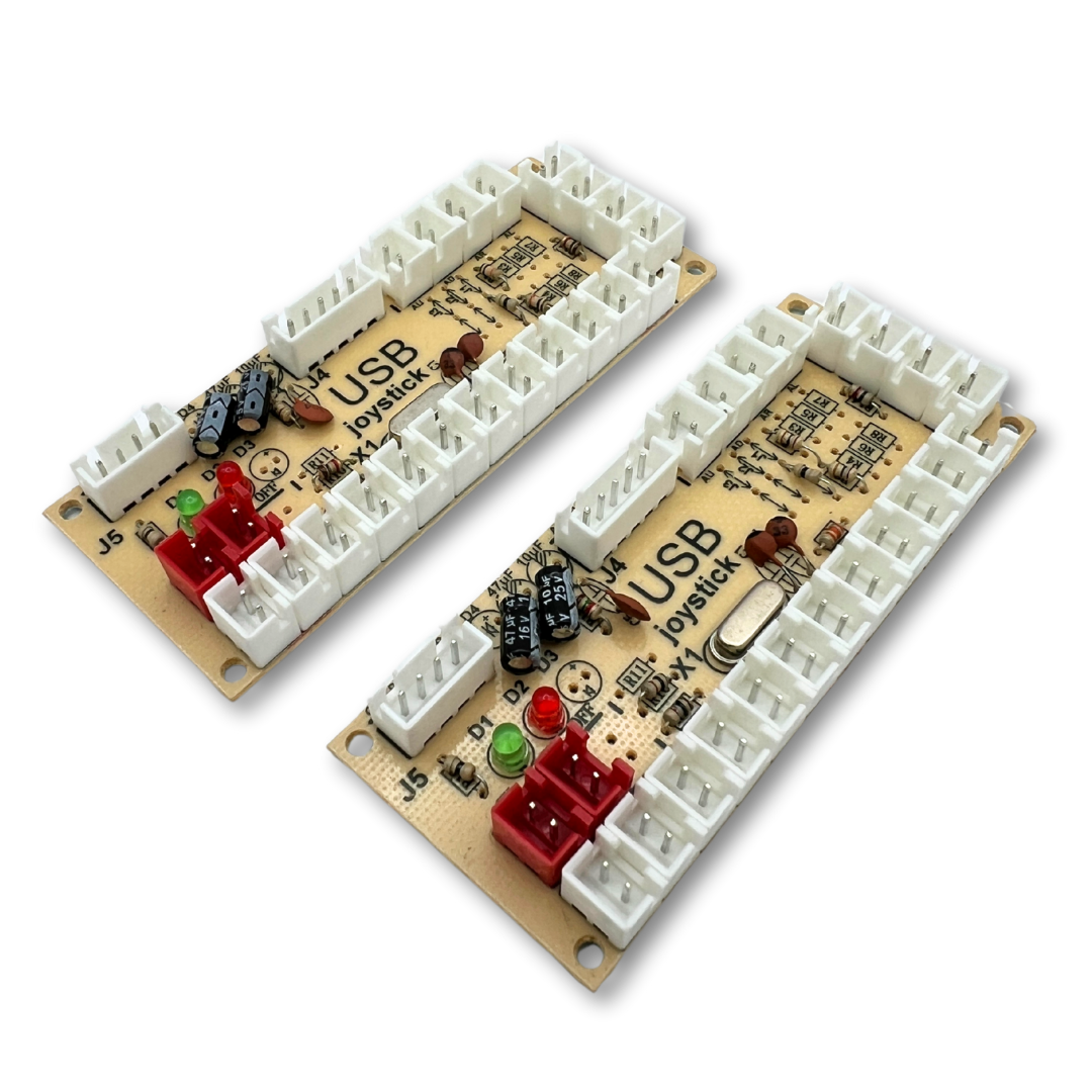 Angled view of Zero Delay USB encoder boards used in arcade cabinet builds
