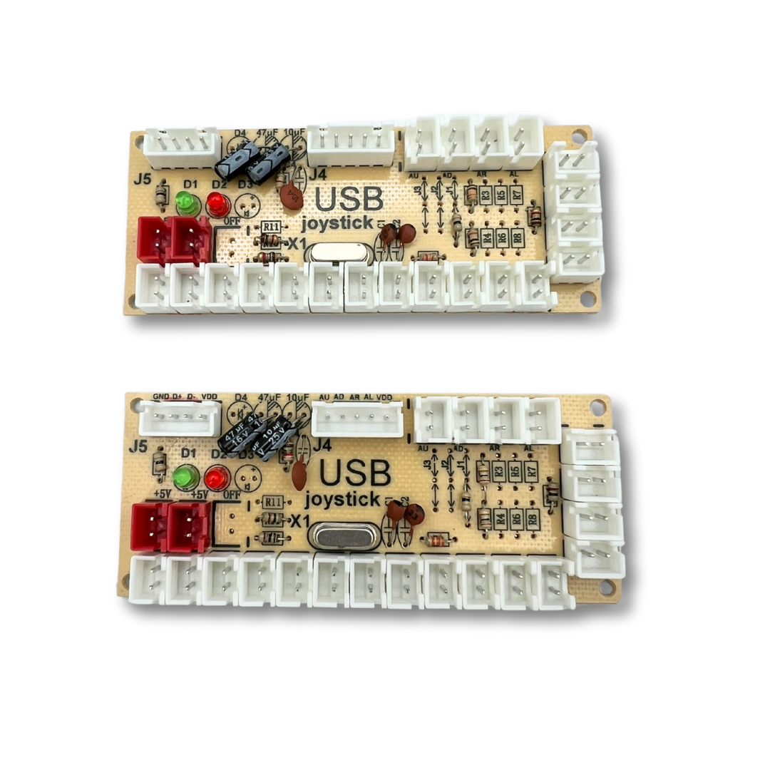 Top-down view of Zero Delay USB joystick encoder boards for 2-player setup