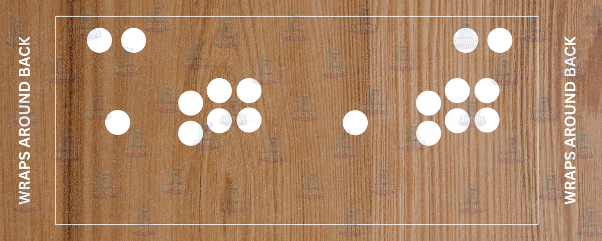 Woodgrain Edition arcade control panel overlay with 2 player button layout featuring warm authentic woodgrain finish inspired by classic 1980s arcade cabinets for DIY arcade cabinet builds.