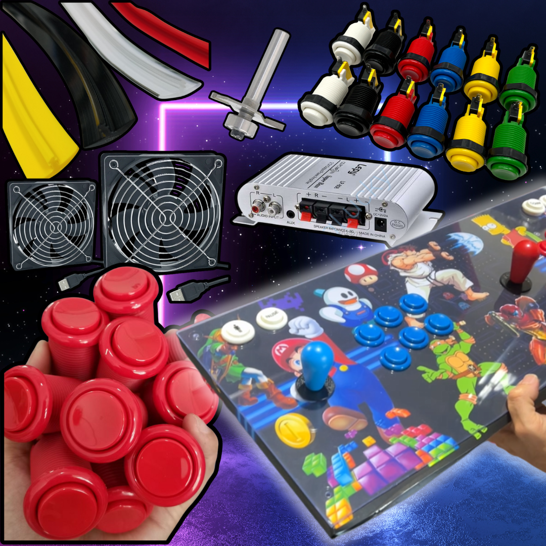 Arcade machine parts collection featuring colorful push buttons, joysticks, control panel artwork, amplifier, cooling fans, T-molding, and a router bit for DIY arcade builds.