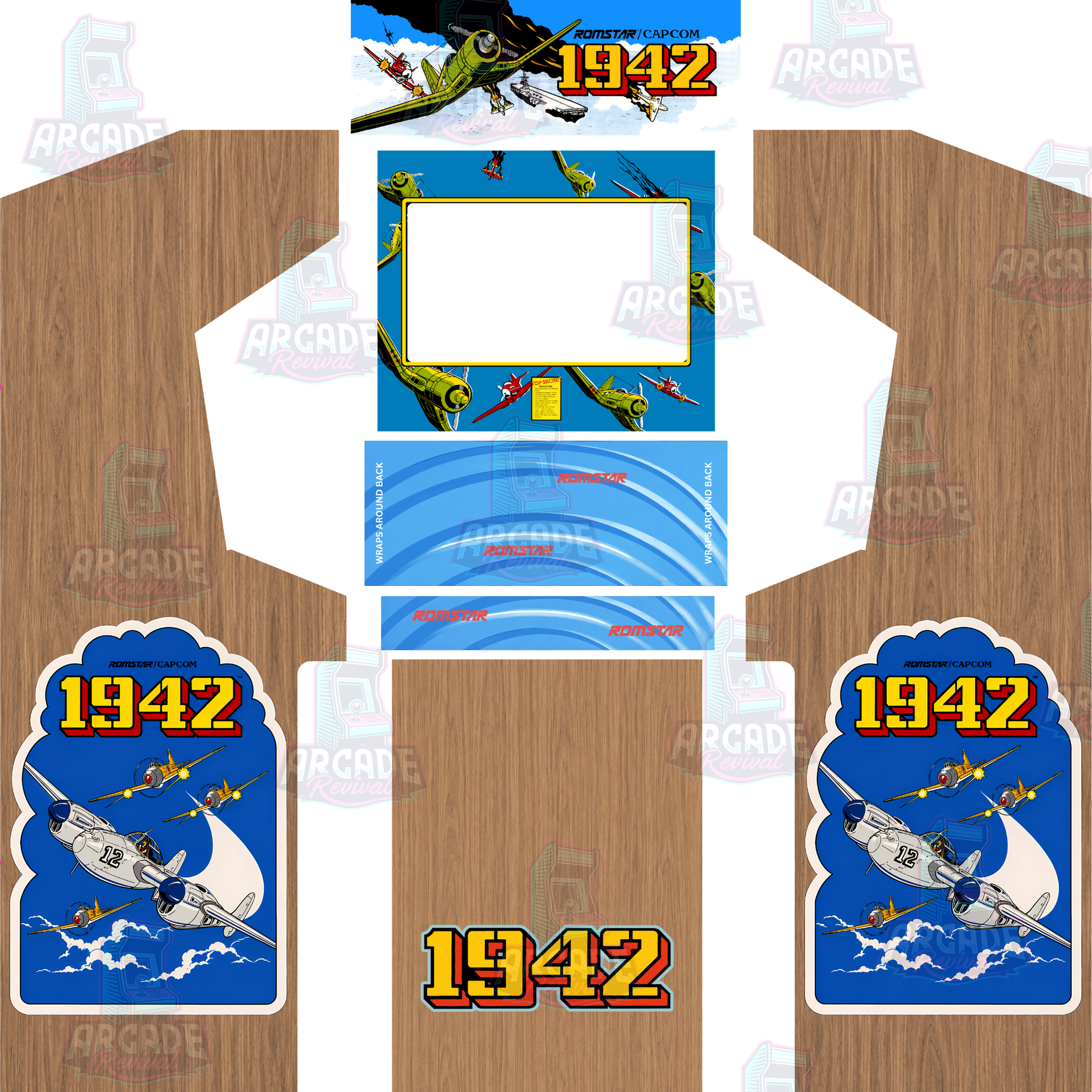 1942 Classic Reproduction Arcade Cabinet Wrap Kit with woodgrain side panels, aircraft artwork, bezel, control panel, front panel and marquee.