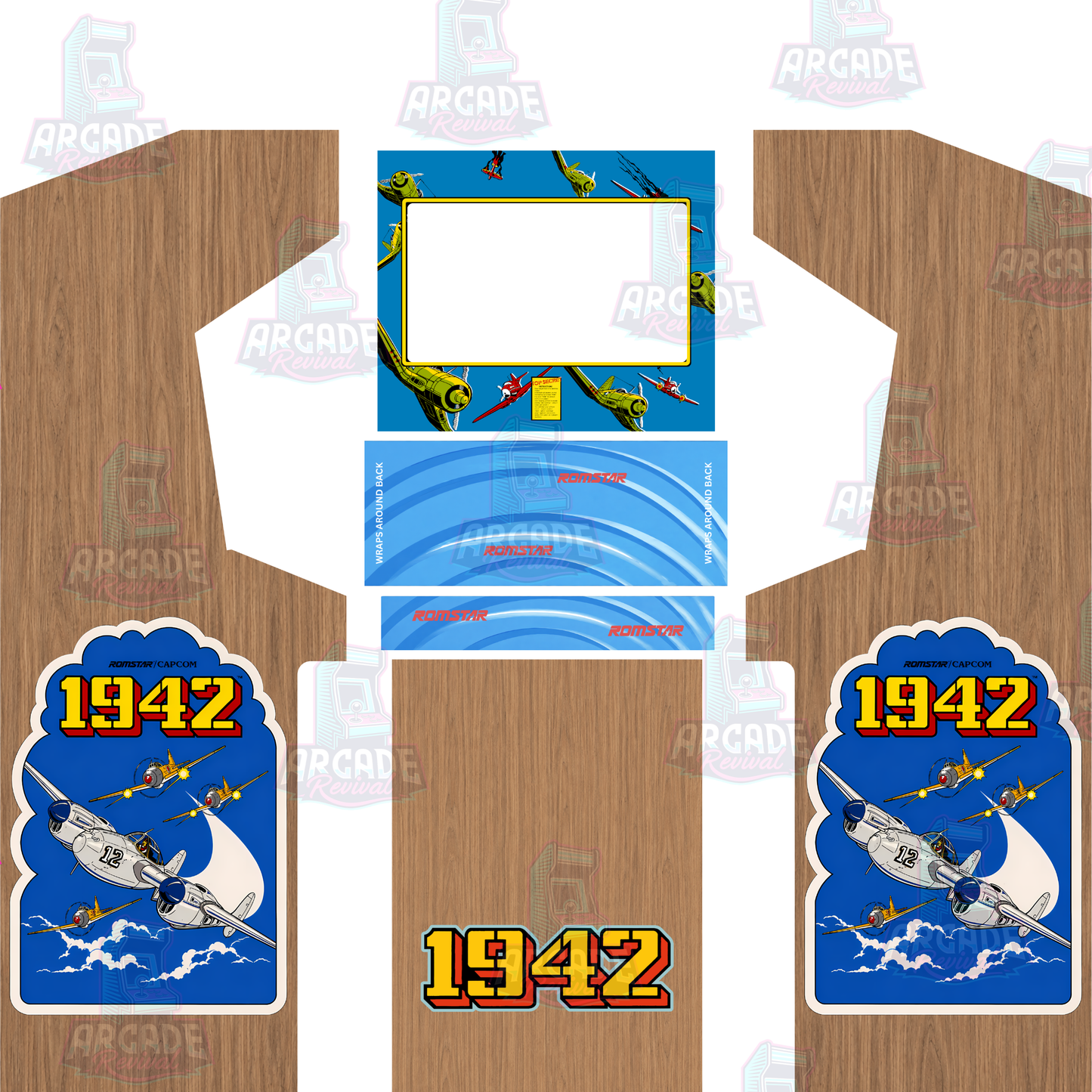 1942 Classic Reproduction Arcade Cabinet Wrap Kit without marquee, featuring woodgrain panels, vintage aircraft side art, bezel and control panel graphics.