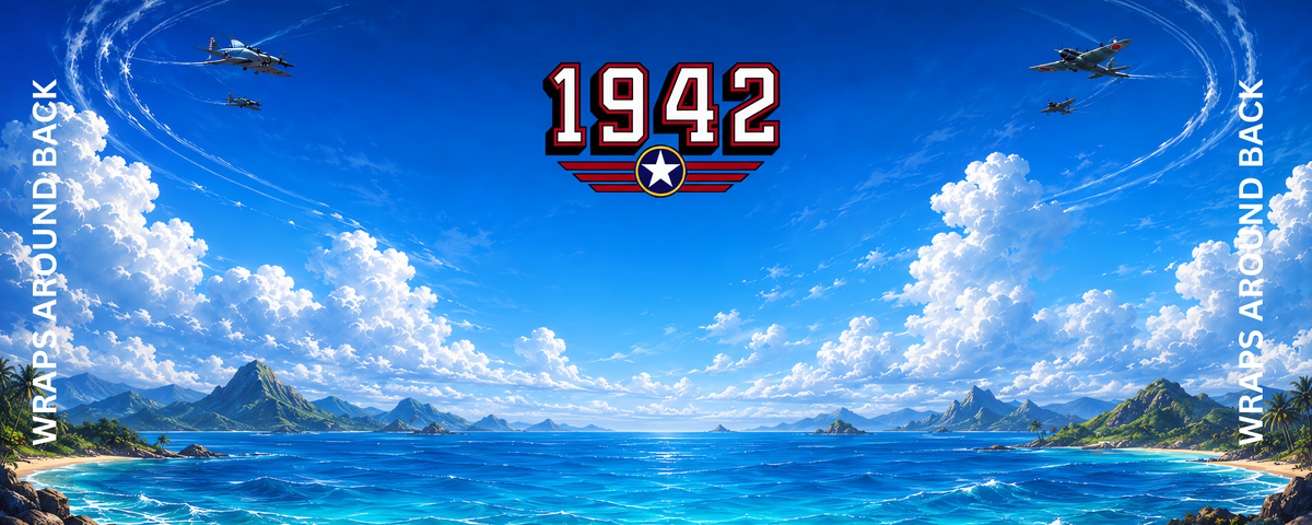 1942 Modern Air Combat inspired arcade control panel overlay featuring bold 1942 logo against a cinematic Pacific scene with fighter planes and tropical island scenery for DIY arcade cabinet builds.