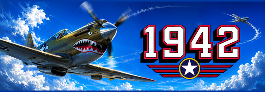 1942 Modern Air Combat marquee featuring the iconic 1942 logo and cinematic P-40 Warhawk with shark mouth nose art against a dramatic blue sky backdrop for arcade cabinets.
