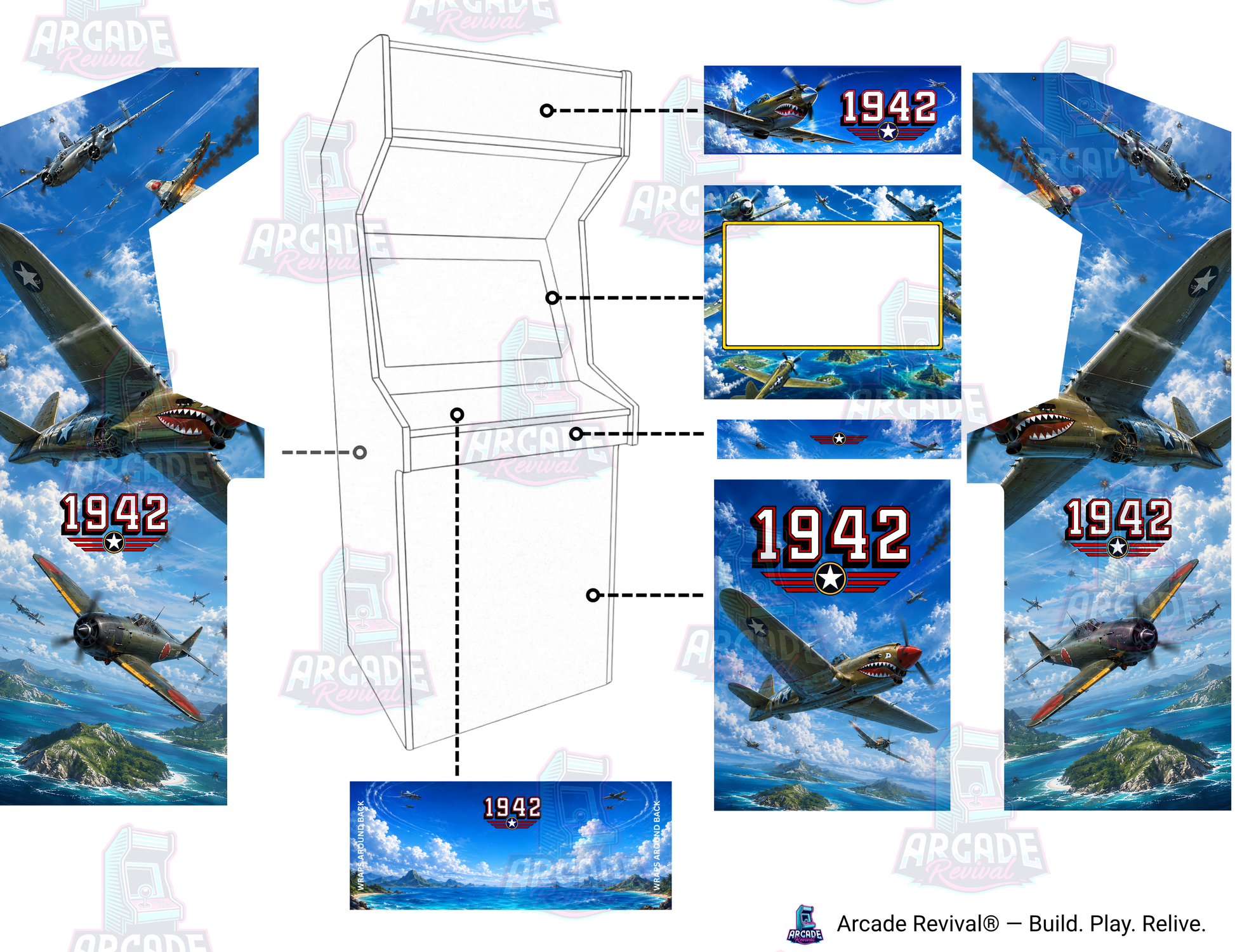 1942 Modern Arcade Cabinet Wrap Kit layout mockup showing the marquee, screen surround, control panel, front panel and side artwork fitted to an Arcade Revival upright cabinet.