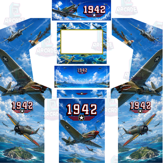 1942 Modern Arcade Cabinet Wrap Kit with marquee, cinematic aircraft artwork, tropical island scenery, screen surround, control panel and full cabinet graphics.