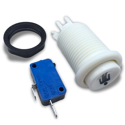 Disassembled 1P white arcade button with microswitch and fixing ring