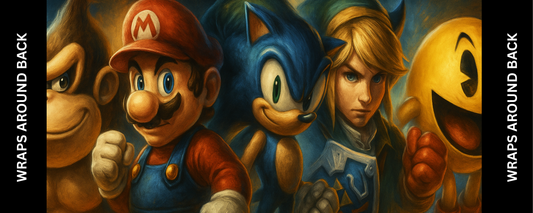 Fan art style arcade control panel featuring retro characters Mario, Sonic, Donkey Kong, Link, and Pac-Man on a vivid wrap design