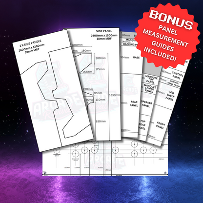 Preview of Arcade Revival’s bonus panel measurement guides, showing detailed cut dimensions for MDF arcade cabinet panels and control layout, with a red “BONUS Panel Measurement Guides Included!” badge overlay.