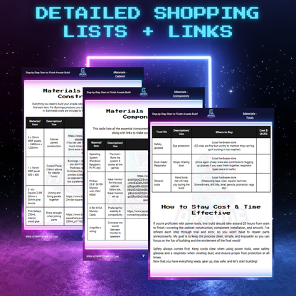 Detailed shopping lists and links for building your arcade cabinet, including materials for cabinet construction, components, and tools—featuring item descriptions, usage, and where to buy.