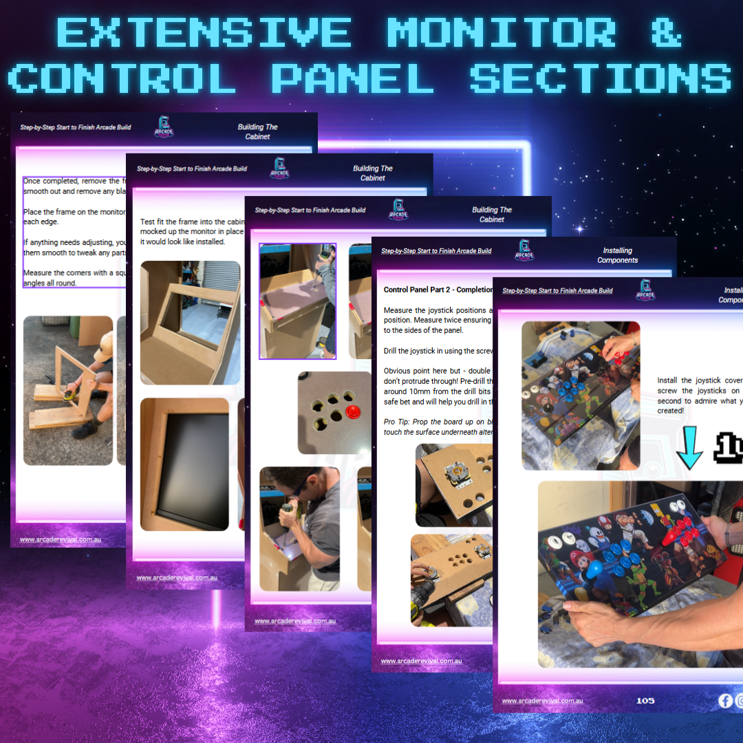 Preview image showing pages from the Arcade Revival step-by-step arcade guide focused on installing the monitor and assembling the control panel, including joystick placement, drilling button holes, and applying the custom artwork.