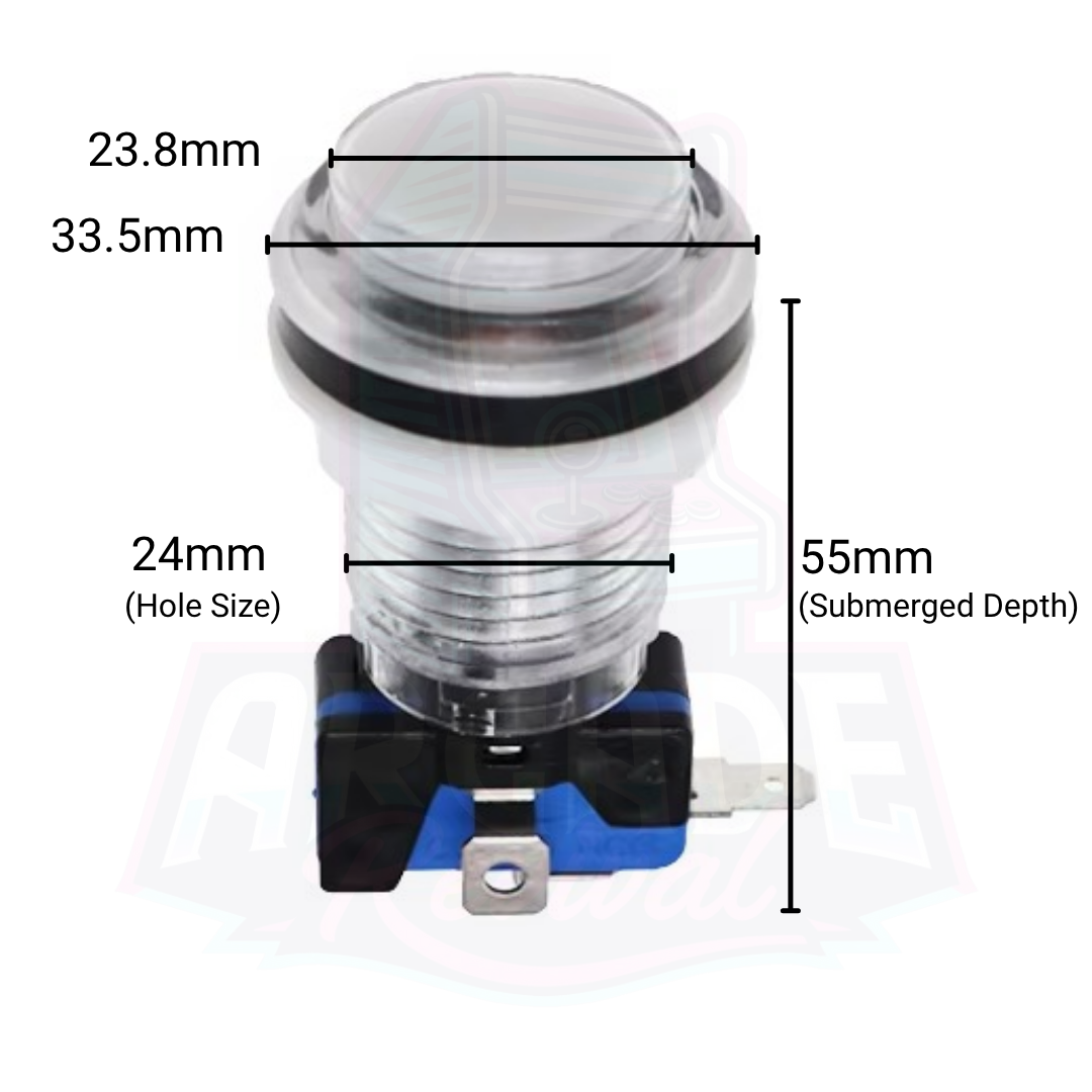 Arcade LED button with measurements showing 33.5mm outer diameter, 23.8mm button face, 24mm hole size, and 55mm submerged depth