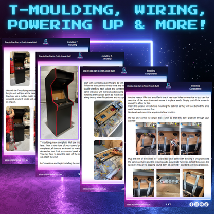 Instructional collage showing the final stages of arcade cabinet assembly, including T-moulding installation, wiring, and amplifier setup, with step-by-step photos and text from the Arcade Revival guide.