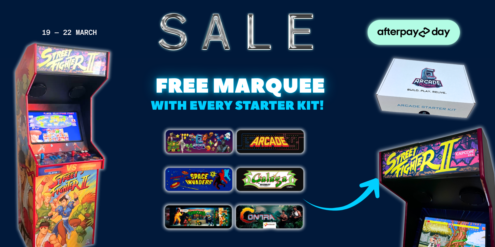 Mobile website banner showing the Arcade Revival build guide transforming into a full arcade cabinet, with tagline 'Build Your Own Arcade. Your Way.' and a 133-page step-by-step DIY guide.