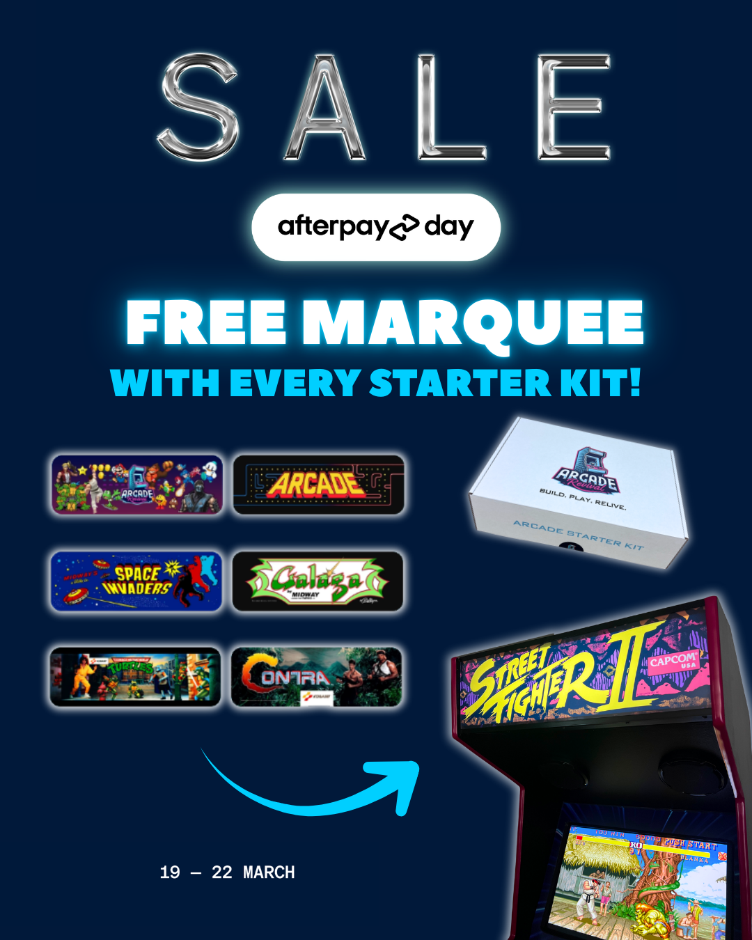 Mobile website banner showing the Arcade Revival build guide transforming into a full arcade cabinet, with tagline 'Build Your Own Arcade. Your Way.' and a 133-page step-by-step DIY guide.