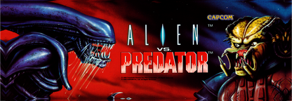 Alien vs. Predator arcade marquee reproduction featuring the iconic 1994 Capcom face-off artwork between the Alien and Predator set against a blood red and cosmic blue backdrop for arcade cabinets.