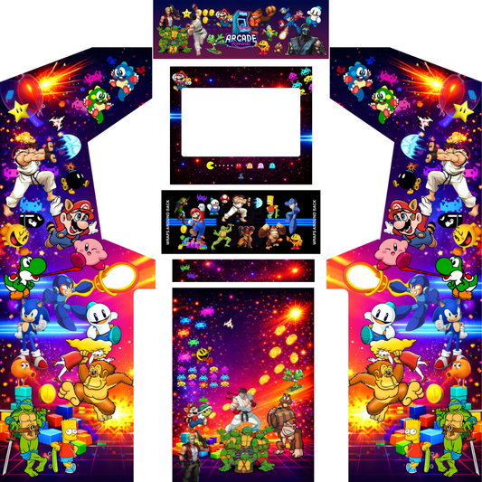 All Stars arcade cabinet wrap kit layout showing side panels, control panel, bezel, kick panel and marquee artwork designed for Arcade Revival cabinets