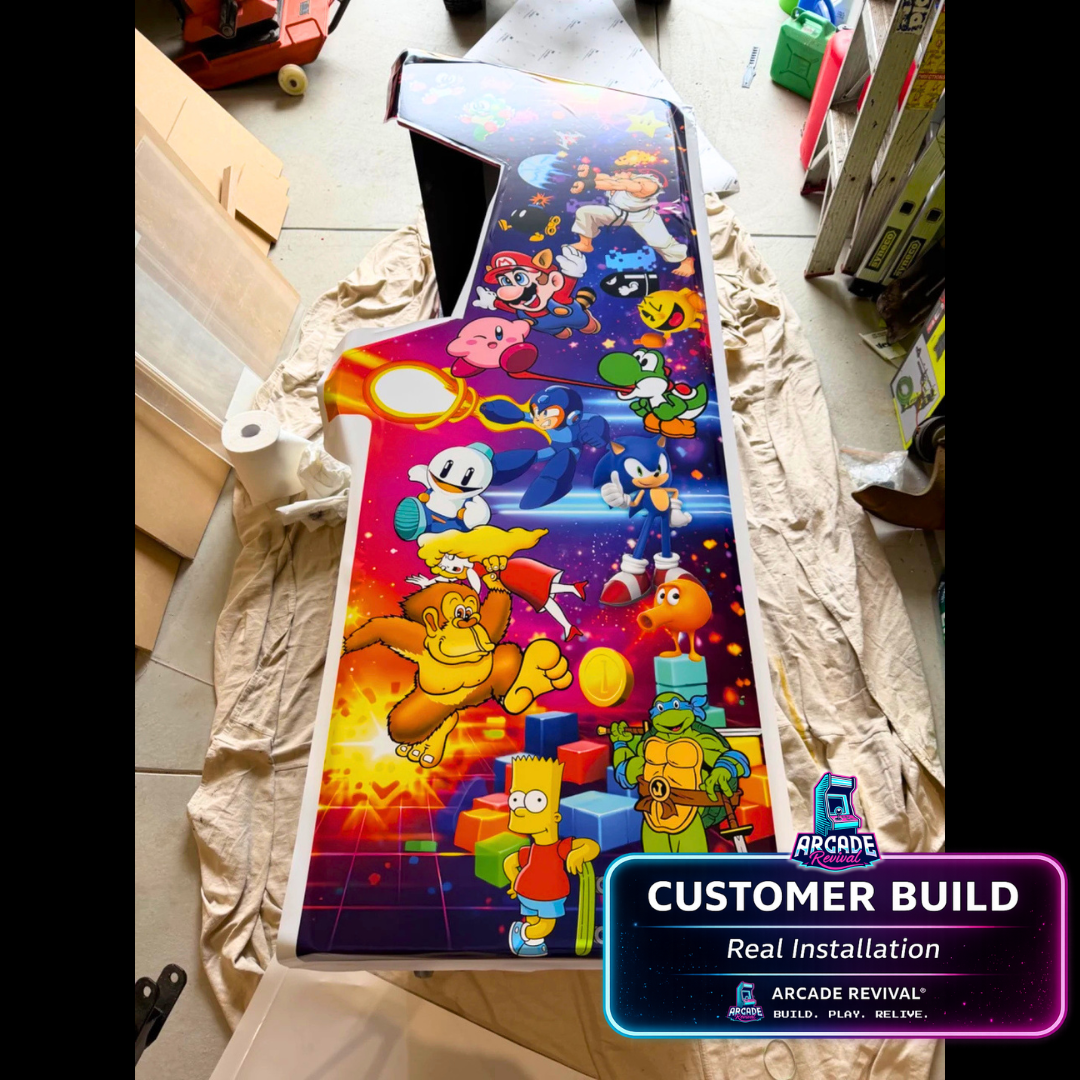All Stars arcade cabinet wrap side panel during installation showing vibrant retro gaming artwork applied to an Arcade Revival DIY arcade cabinet