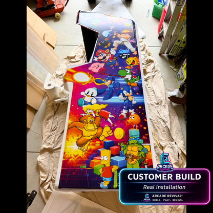 All Stars arcade cabinet wrap side panel during installation showing vibrant retro gaming artwork applied to an Arcade Revival DIY arcade cabinet