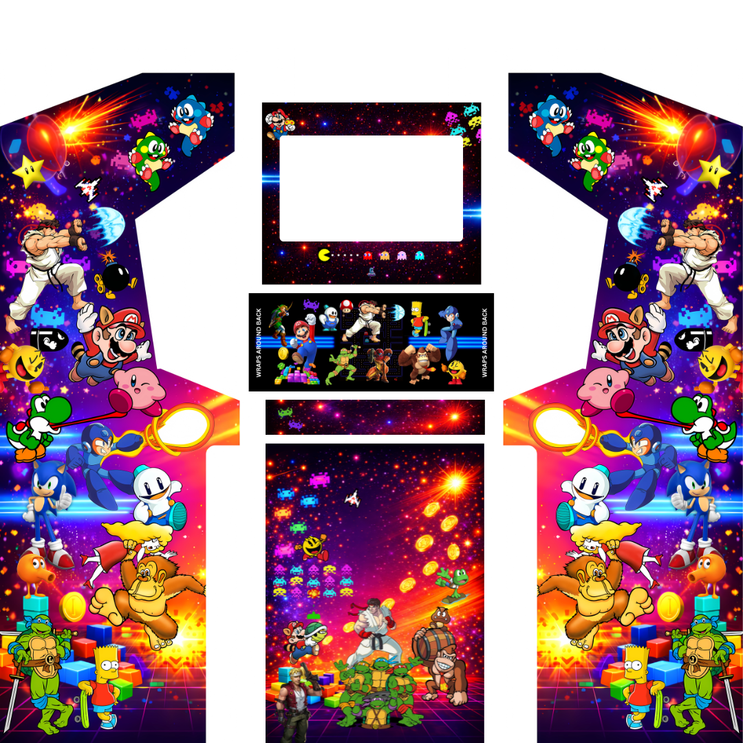 All Stars arcade cabinet wrap kit without marquee showing side panels, control panel, bezel and kick panel artwork for a 2 player Arcade Revival cabinet