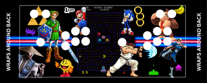 Arcade All-Stars II control panel wrap featuring retro gaming heroes with button layout overlay for arcade machine.