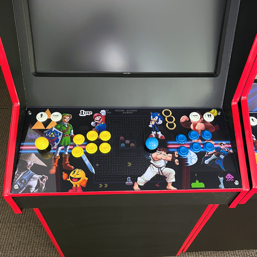 Full view of Arcade All-Stars II control panel wrap installed on an arcade cabinet from Arcade Revival, featuring retro gaming heroes artwork.