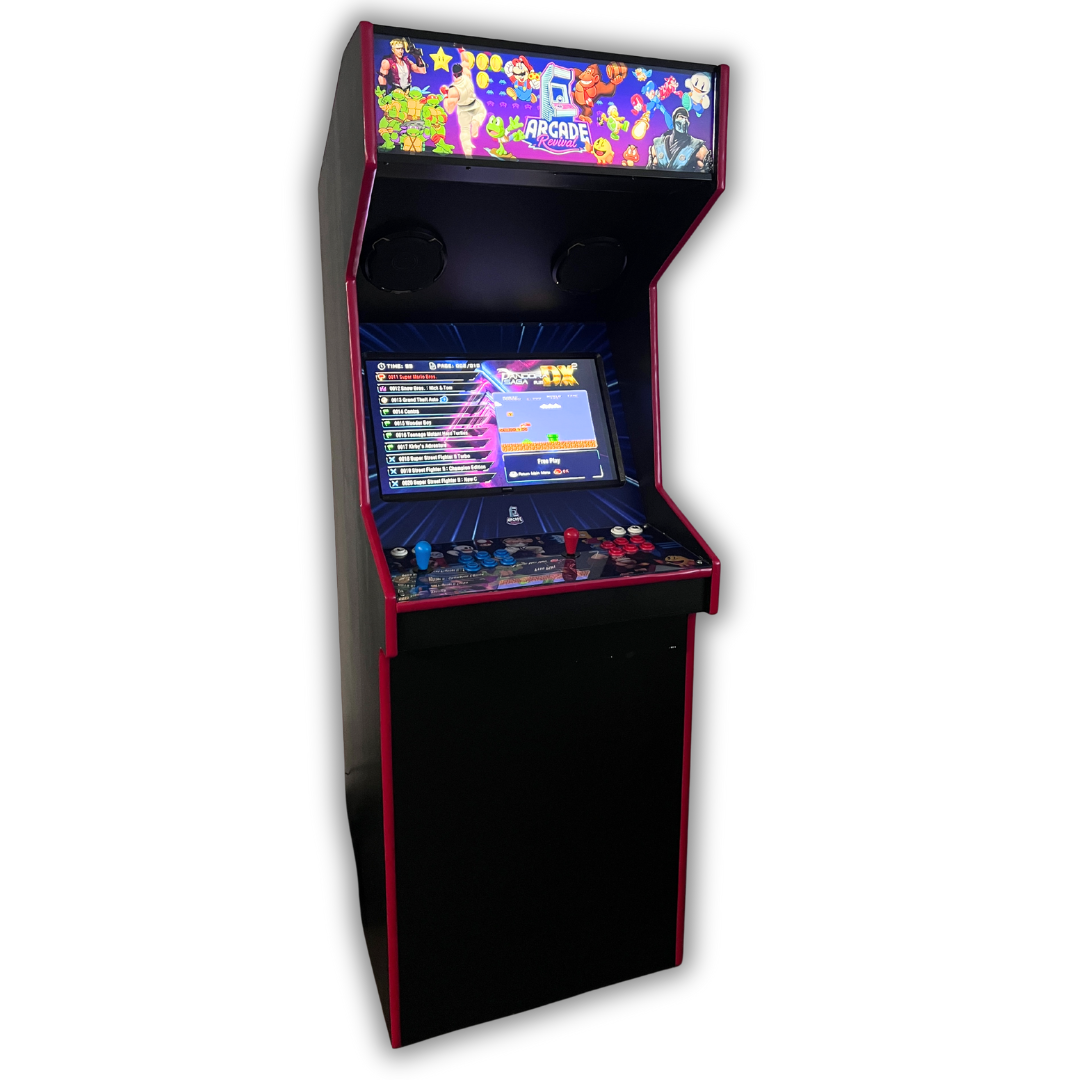 Full-size arcade cabinet featuring the Arcade All-Stars light-up marquee installed, showcasing vibrant retro characters and a glowing marquee display.