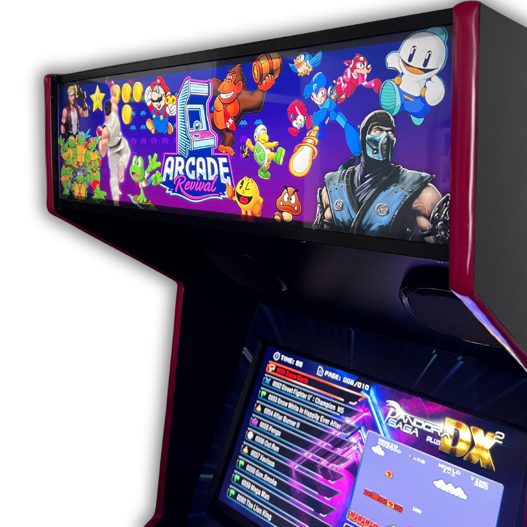 Arcade All Stars Marquee back lit display artwork installed close up view lit up by Arcade Revival