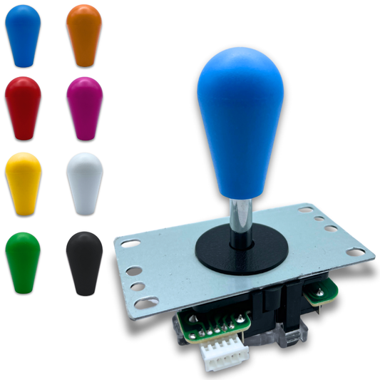 Blue arcade bat top joystick mounted on plate with 8 colour options shown – ideal for custom arcade builds.