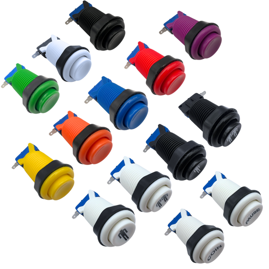 Collection of arcade buttons in multiple colors featuring 1P, 2P, coin, and pause labels for arcade machines