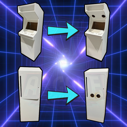 Before and after comparison of ventilation hole installation in a white arcade cabinet, showing side and rear panel transformation