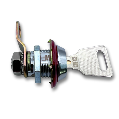 Arcade cabinet lock and key barrel installed for MDF cabinet panels
