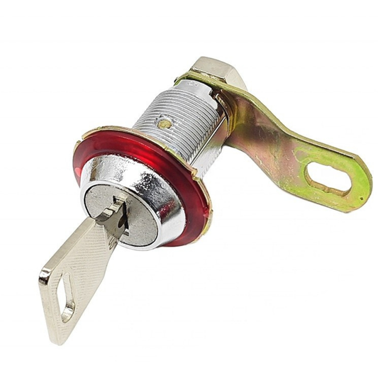 Arcade cabinet lock and key barrel installed with cam plate for MDF cabinet panels