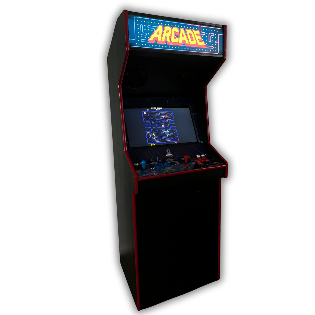 Full view of custom arcade cabinet with Arcade Classic marquee and retro Pac-Man game on screen.