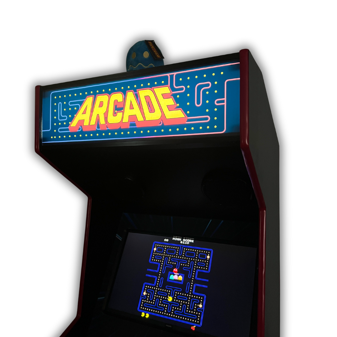 Side angle view of Arcade Classic light-up marquee showing bold red trim and blue Pac-Man inspired design.