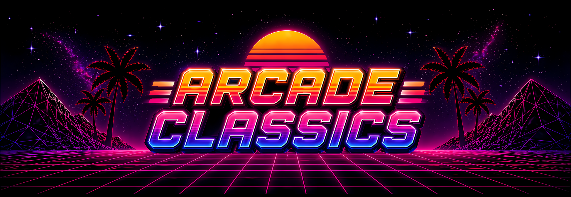 Arcade Classics Neon Horizon marquee featuring bold neon lettering, retro sunset, glowing grid floor and silhouetted palm trees against a deep cosmic backdrop for arcade cabinets.