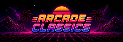 Arcade Classics Neon Horizon marquee featuring bold neon lettering, retro sunset, glowing grid floor and silhouetted palm trees against a deep cosmic backdrop for arcade cabinets.