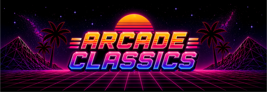 Arcade Classics Neon Horizon marquee featuring bold neon lettering, retro sunset, glowing grid floor and silhouetted palm trees against a deep cosmic backdrop for arcade cabinets.