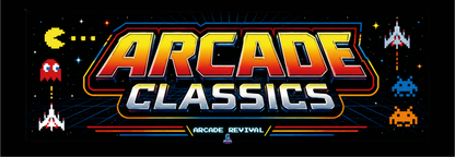 Arcade Classics Pixel Edition marquee featuring bold Arcade Classics logo with Pac-Man, Galaga and Space Invaders pixel icons against a deep space grid backdrop for arcade cabinets.