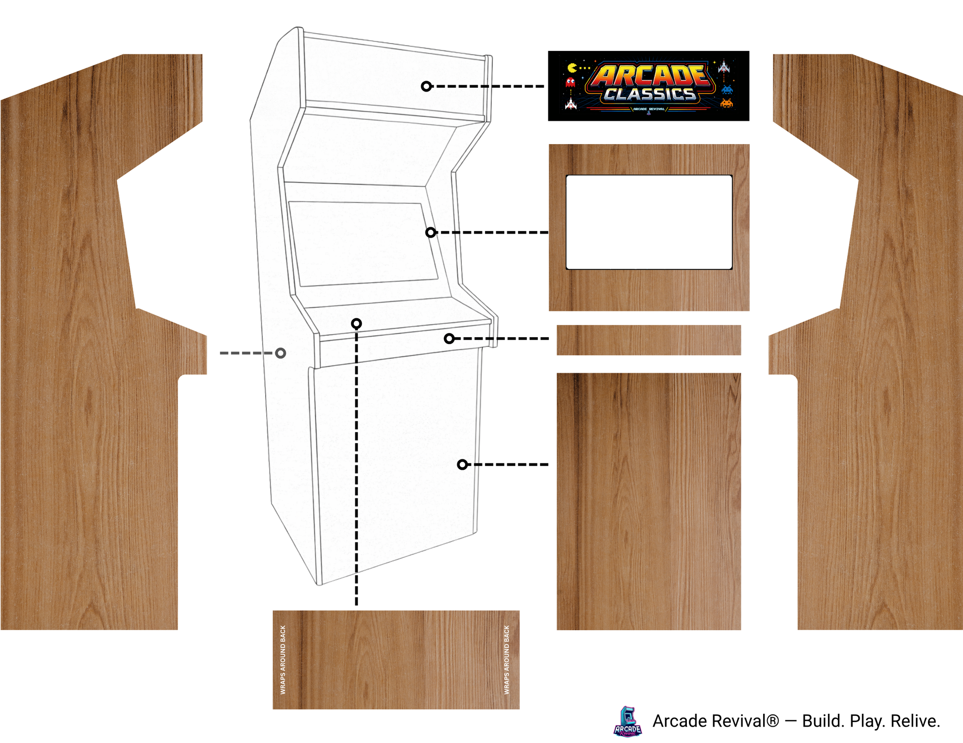 Arcade Classics Woodgrain Edition arcade cabinet wrap kit mockup showing retro woodgrain side panels, control panel, bezel and marquee for Arcade Revival upright cabinets