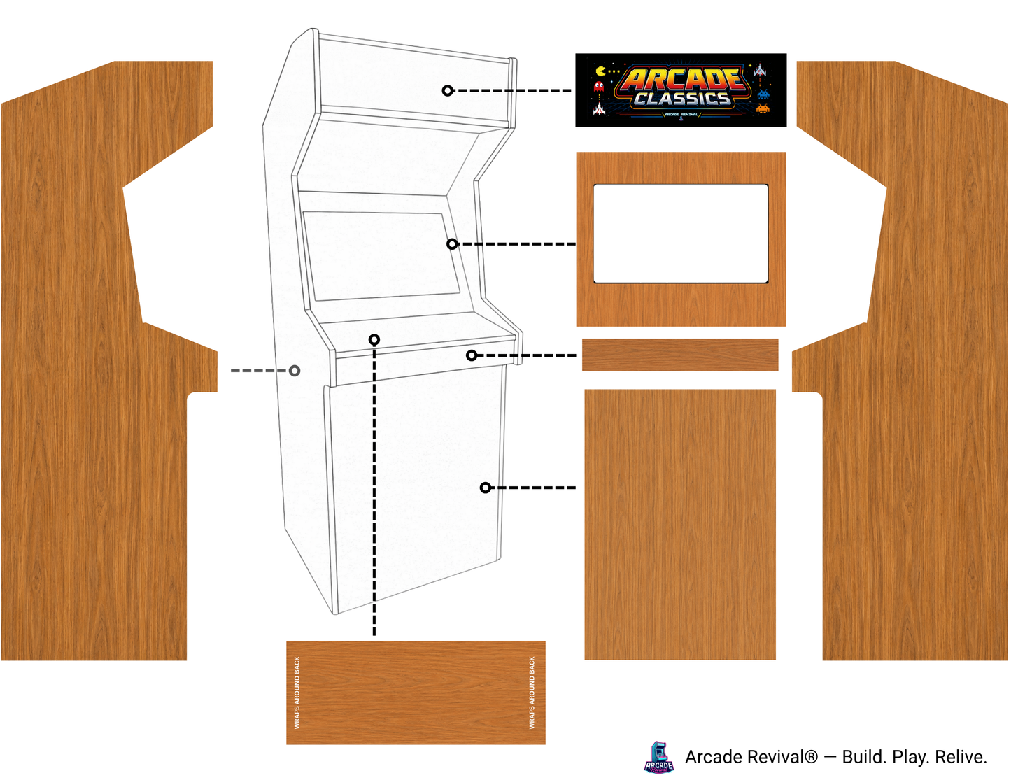 Arcade Classics Woodgrain Edition arcade cabinet wrap kit mockup showing retro woodgrain side panels, control panel, bezel and marquee for Arcade Revival upright cabinets