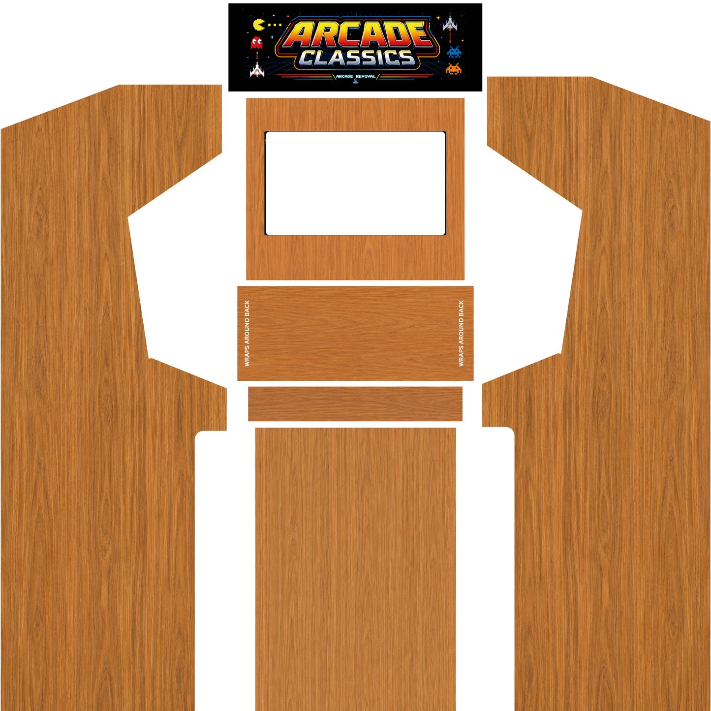Arcade Classics Woodgrain Edition full arcade cabinet wrap kit with marquee featuring classic 1980s woodgrain panels and Arcade Classics retro marquee for Arcade Revival cabinets