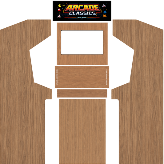 Arcade Classics Woodgrain Edition full arcade cabinet wrap kit with marquee featuring classic 1980s woodgrain panels and Arcade Classics retro marquee for Arcade Revival cabinets