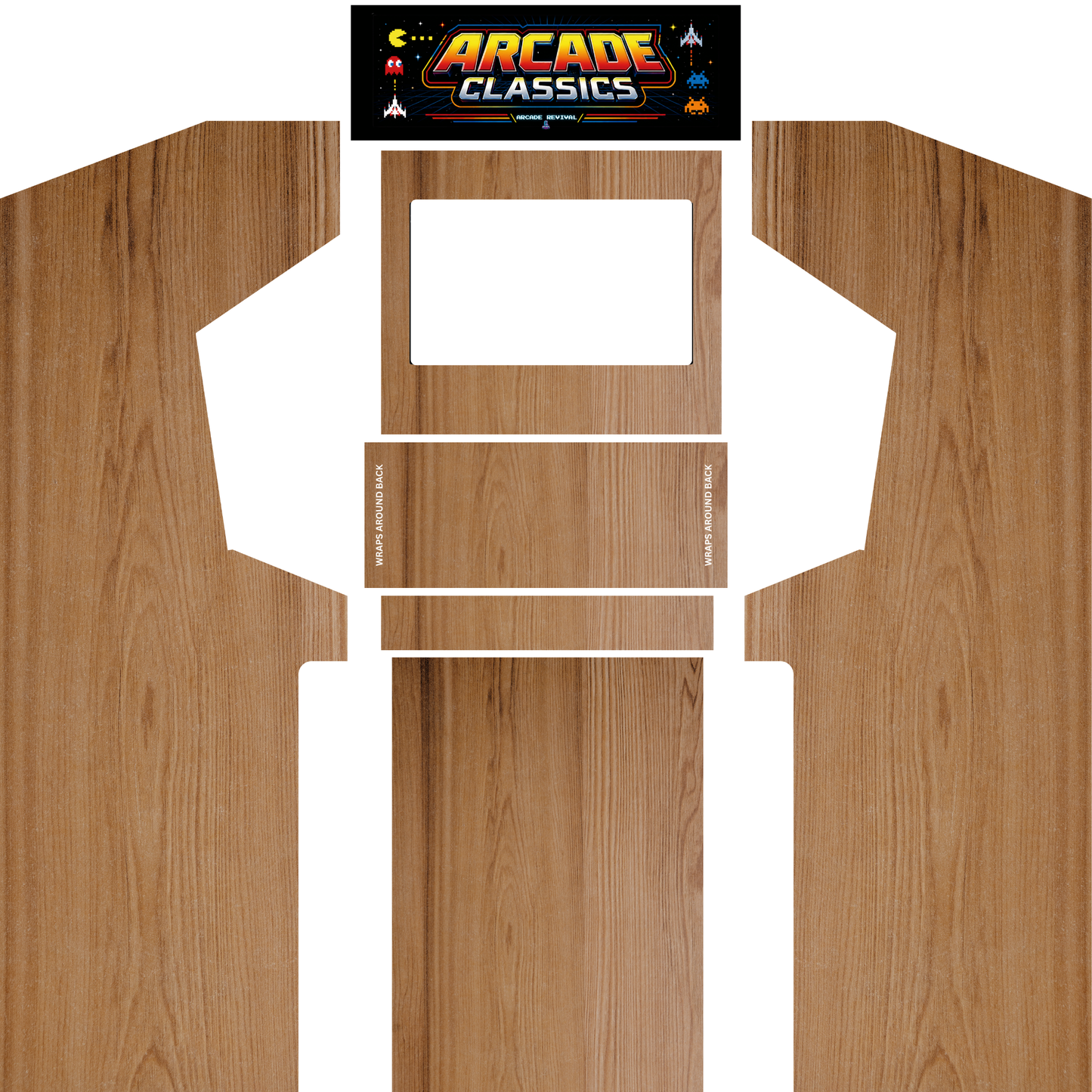 Arcade Classics Woodgrain Edition full arcade cabinet wrap kit with marquee featuring classic 1980s woodgrain panels and Arcade Classics retro marquee for Arcade Revival cabinets