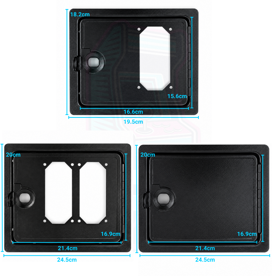 Single, dual and blank arcade coin acceptor door dimensions showing each option height and inner measurements.