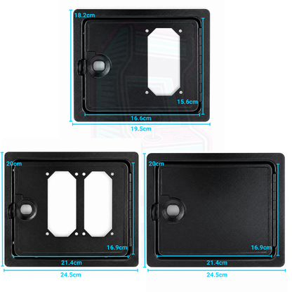 Single, dual and blank arcade coin acceptor door dimensions showing each option height and inner measurements.