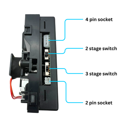 Arcade coin acceptor showing labeled 4 pin socket, 2 stage switch, 3 stage switch, and 2 pin socket for easy setup