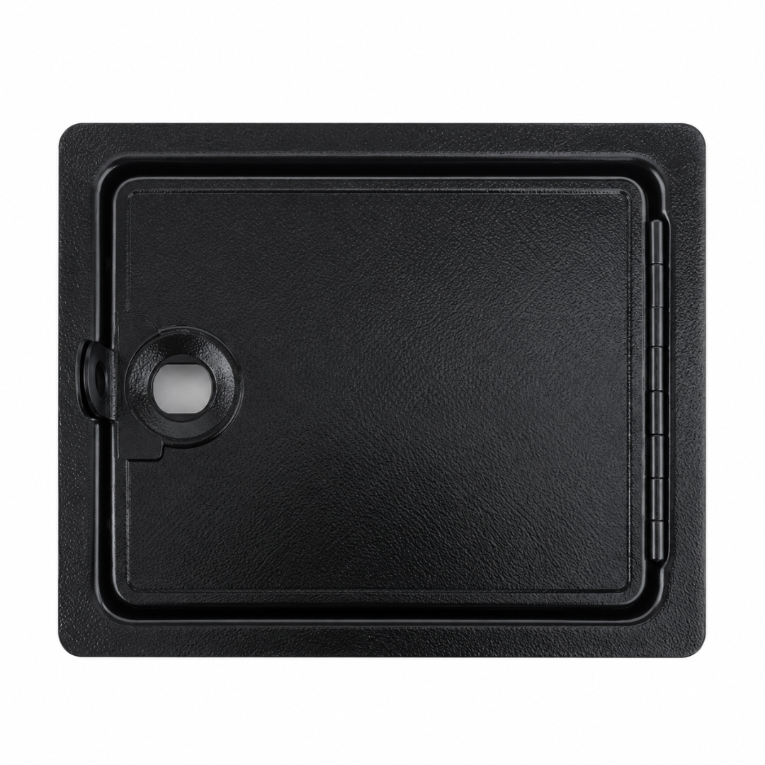 Black blank arcade coin door without a lock or coin acceptor installed, suitable for custom DIY arcade cabinet builds.